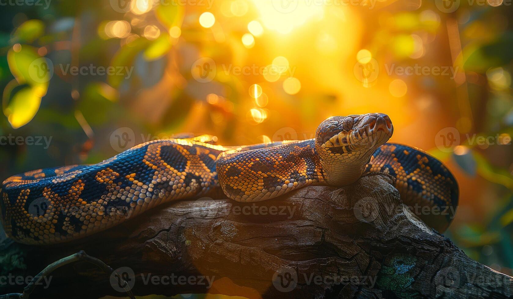 A large snake is laying on a log in the sun. The snake is brown and black with yellow markings photo