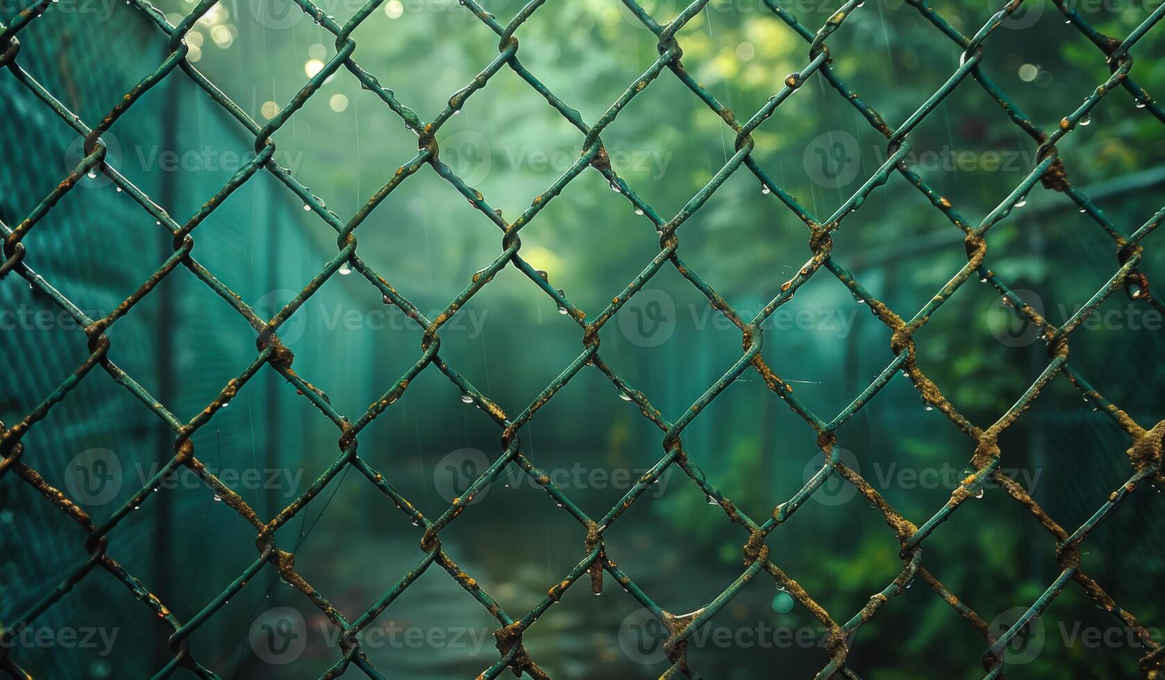 A green fence with raindrops on it. The fence is surrounded by trees and bushes photo