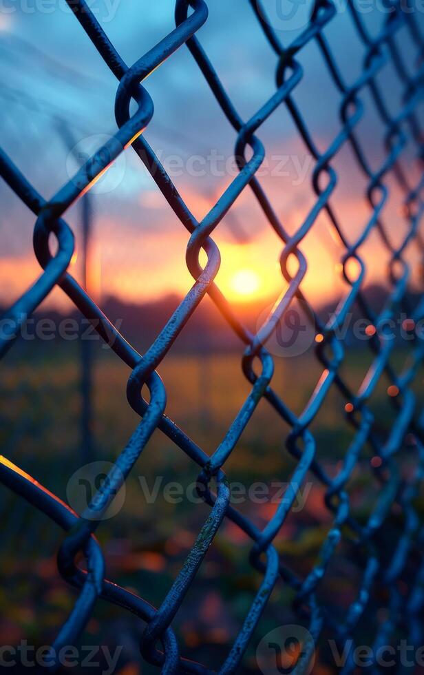 A fence with a chain link pattern and a sun shining through it. The sun is setting and the sky is a beautiful orange color photo