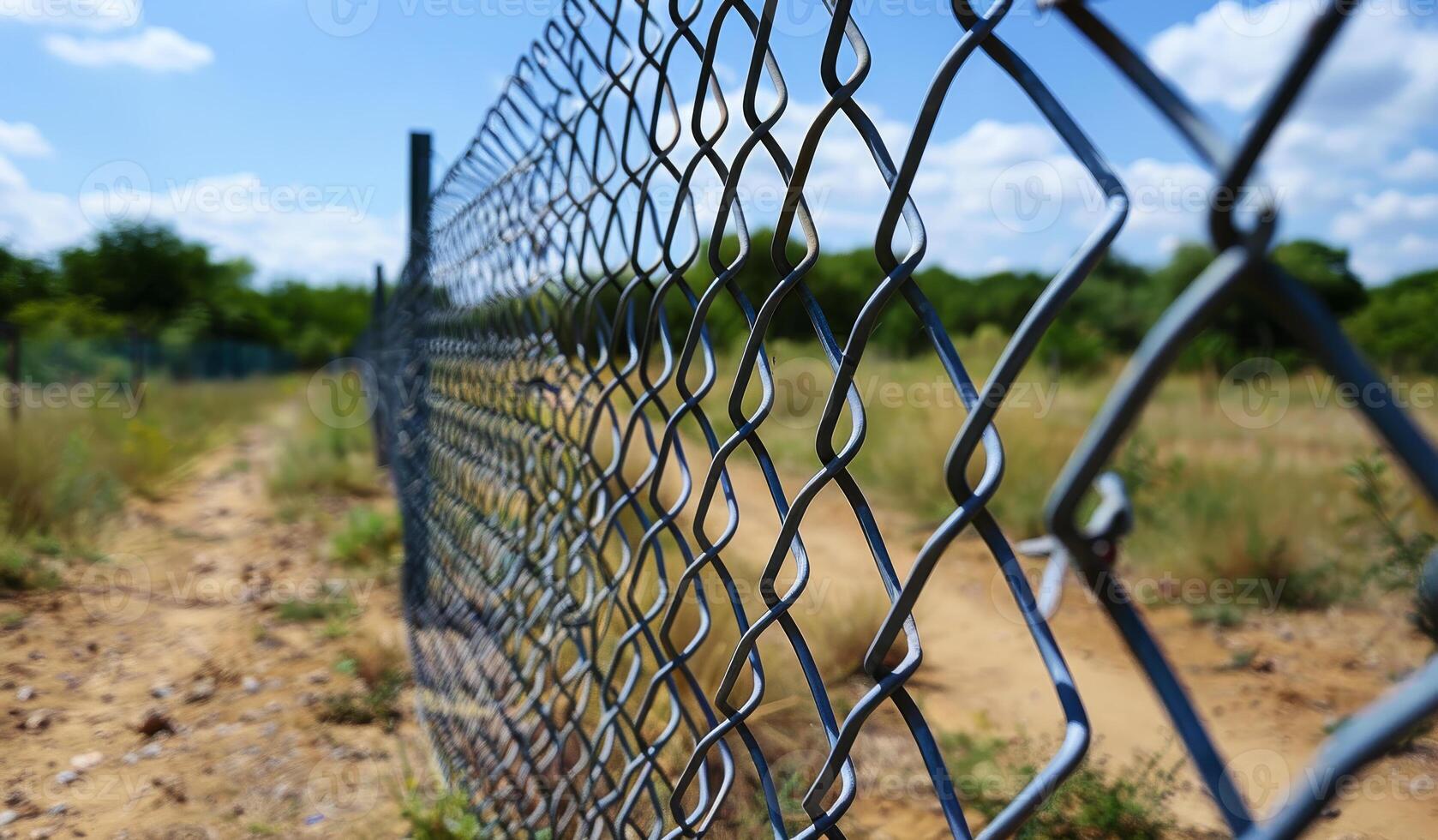 A chain link fence with a few trees in the background. The fence is in a field with a dirt road photo