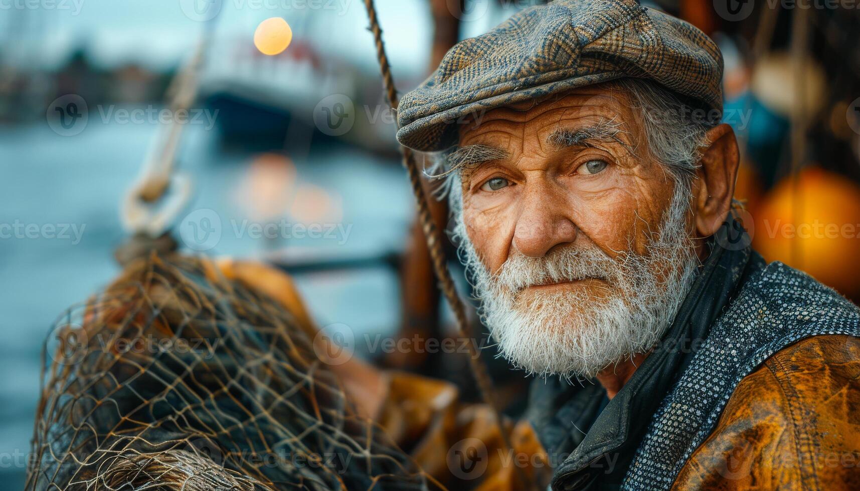 A man with a beard and a hat is standing in front of a boat. He is holding a fishing net photo