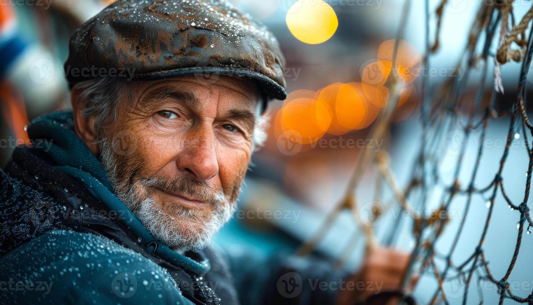 A man with a hat and beard is standing in front of a net. He looks tired and worn out photo