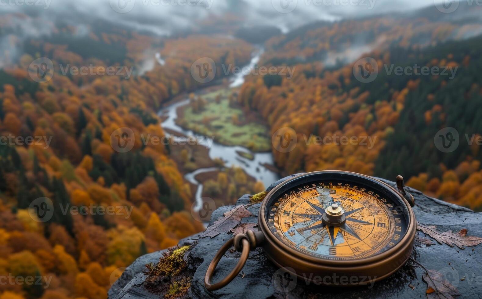 A compass is sitting on a rock in a forest. The compass is pointing to the right. The forest is full of trees and the sky is cloudy photo