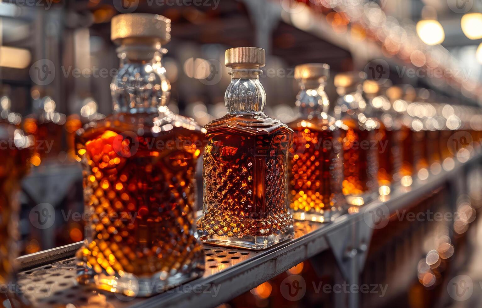 A row of liquor bottles are lined up on a shelf photo
