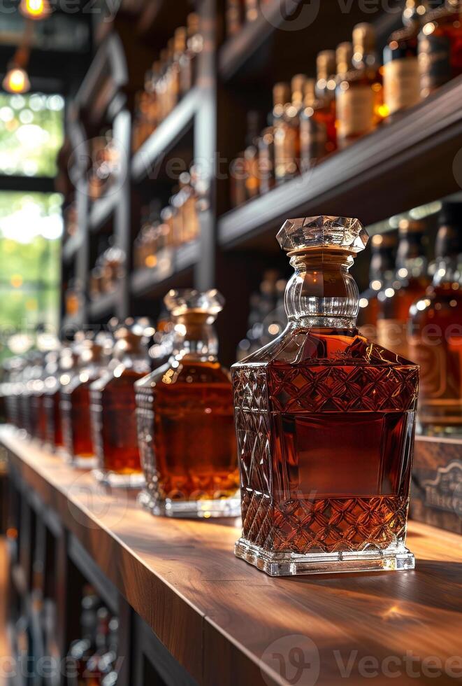 A row of liquor bottles on a shelf. The bottles are all different sizes and shapes photo