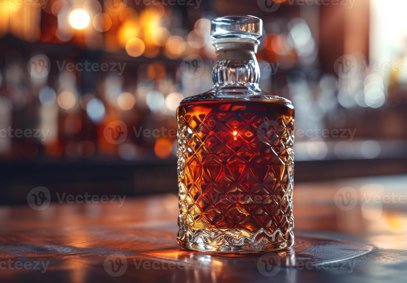 A bottle of liquor sits on a table. The bottle is clear and has a glass stopper. photo