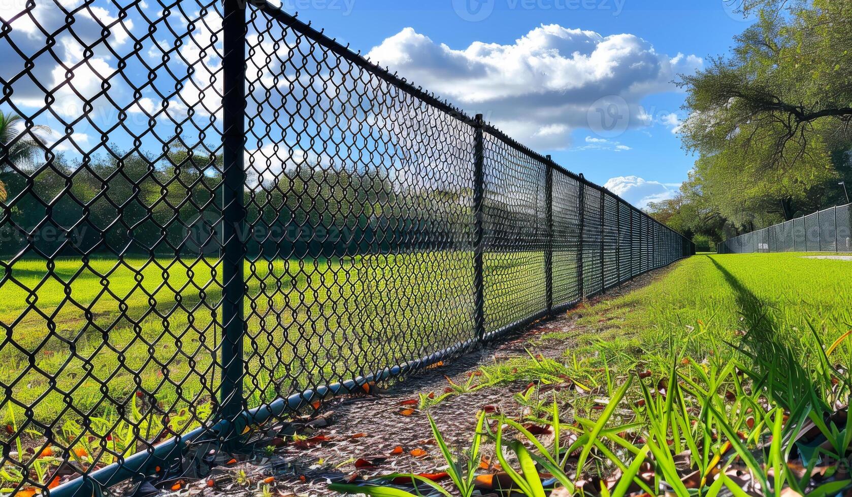 A chain link fence with a green background. The fence is surrounded by grass and leaves photo