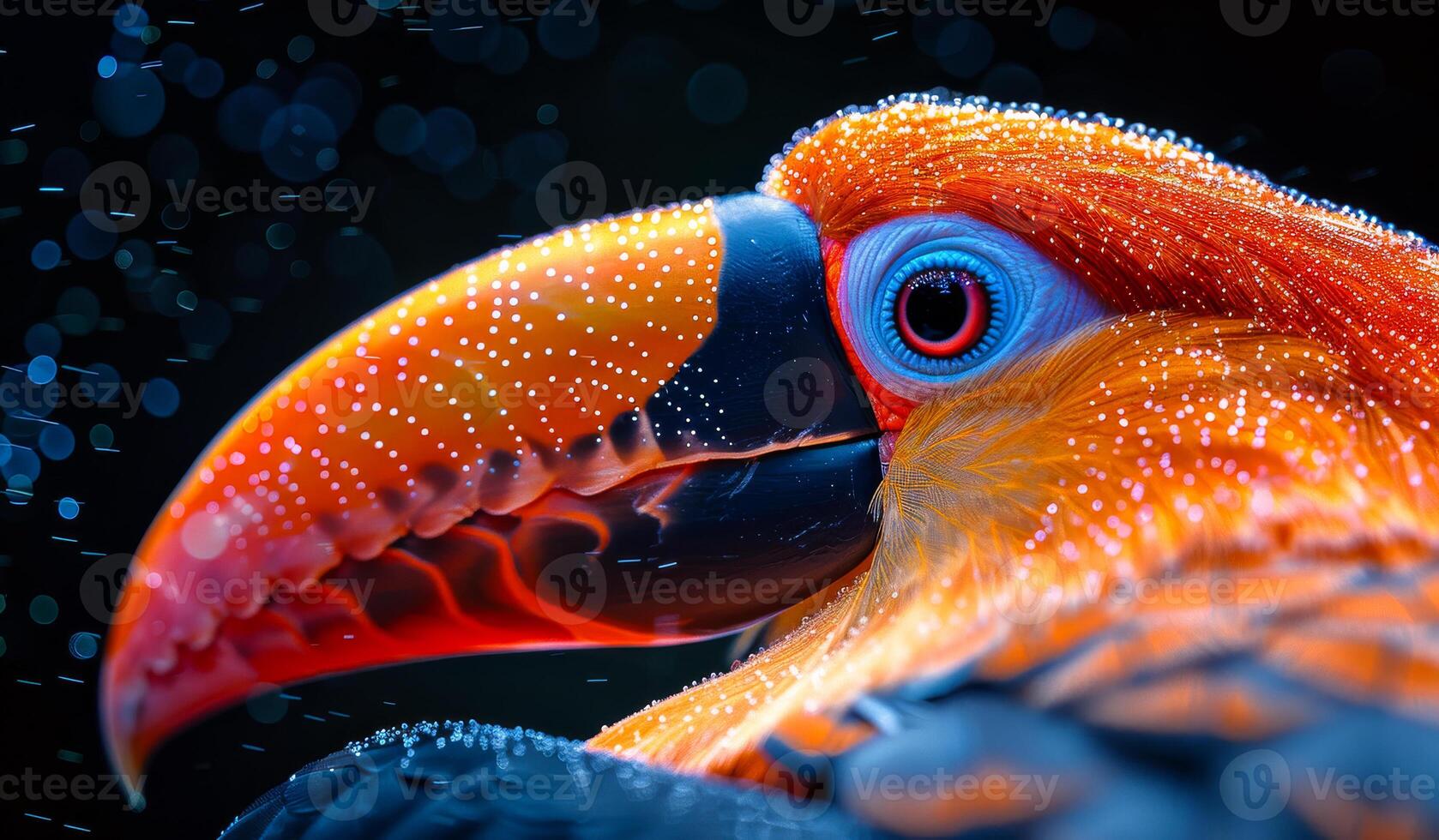 A colorful bird with a red beak and orange feathers. The bird has a bright blue eye photo