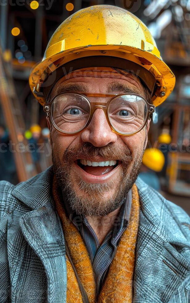 A man wearing a yellow hard hat and glasses is smiling photo