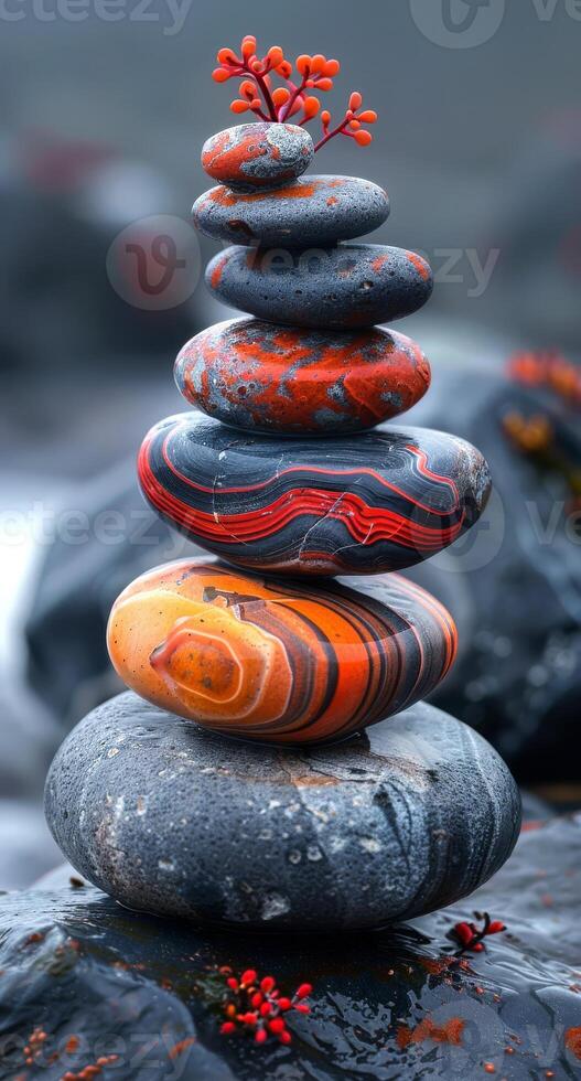 A stack of rocks with a red and black striped rock in the middle. The rocks are arranged in a pyramid shape photo