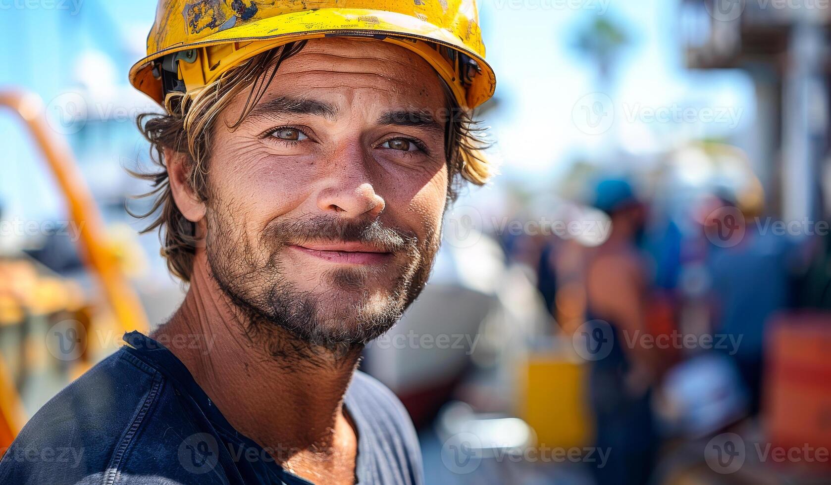 A man wearing a yellow hard hat is smiling. He is surrounded by other people, some of whom are wearing blue shirts photo