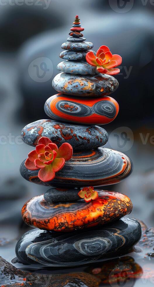A stack of rocks with a flower on top. The rocks are of different sizes and colors, and the flower is orange. photo