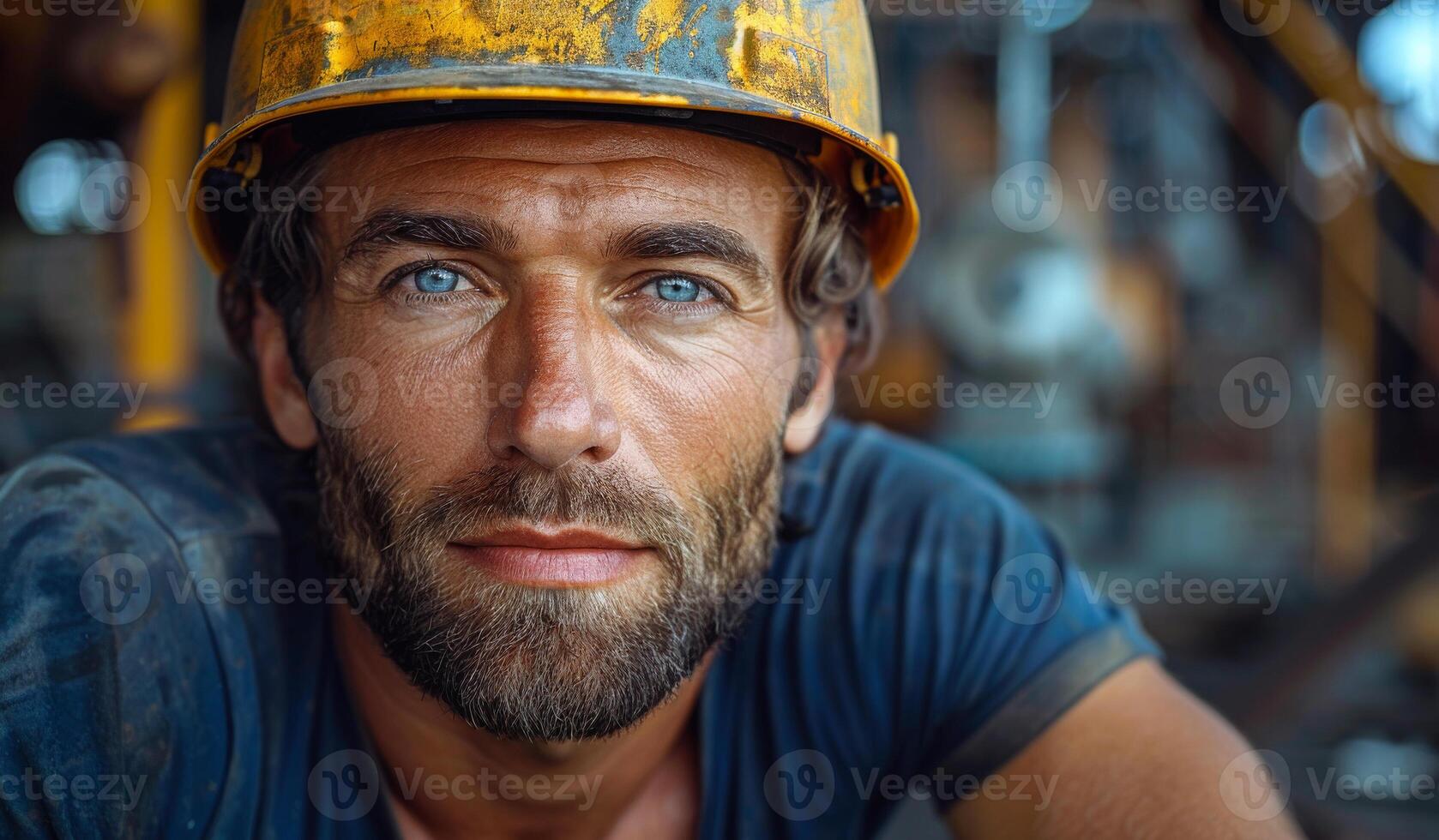 A man wearing a yellow hard hat and blue shirt. He has a beard and a blue eye photo