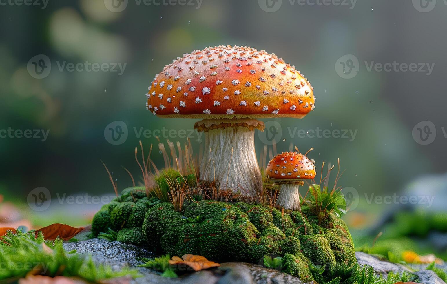 A mushroom is sitting on a rock with a smaller mushroom next to it photo