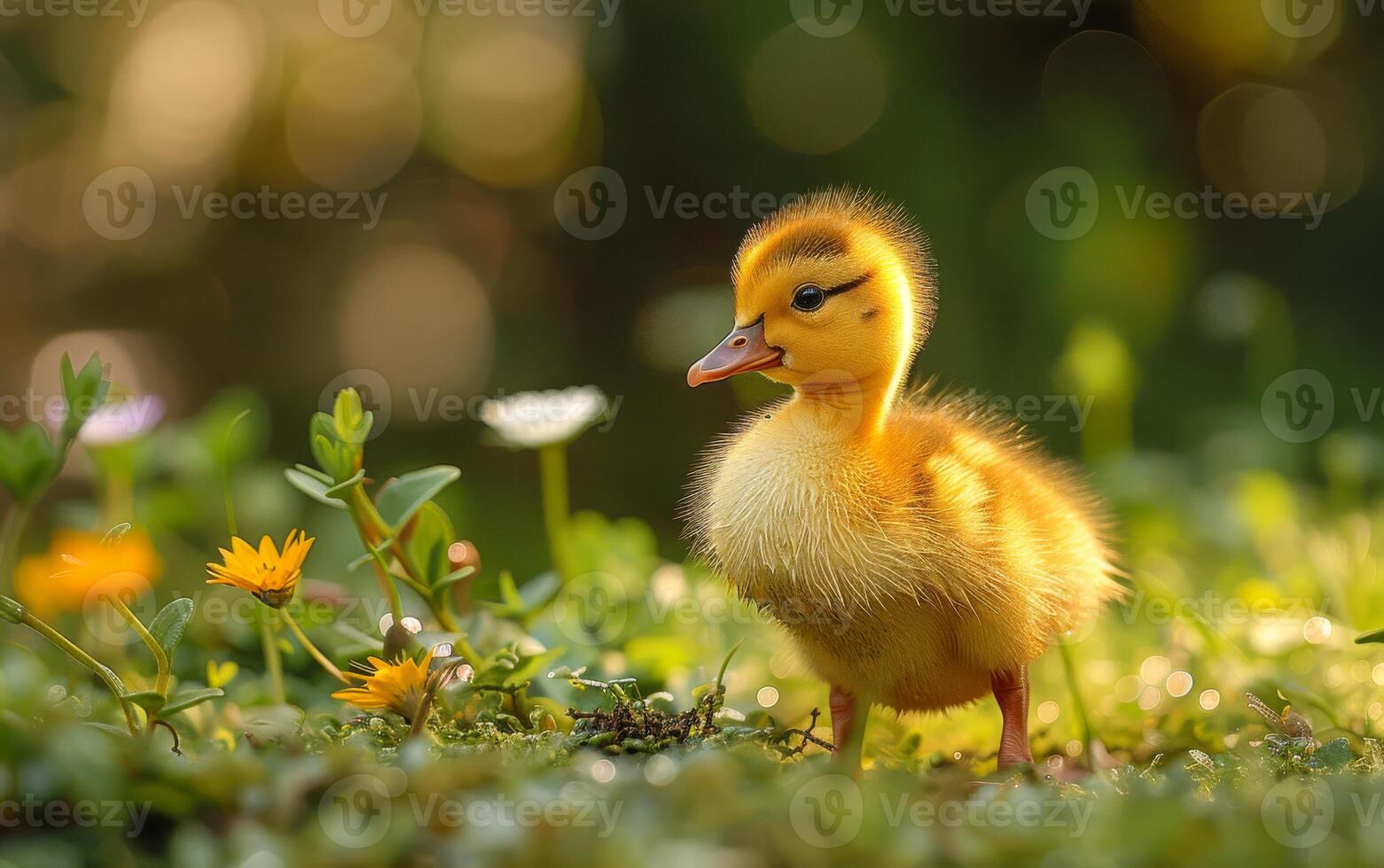 A baby duck is standing in a field of flowers. The duck is small and yellow, and it is surrounded by green grass. photo