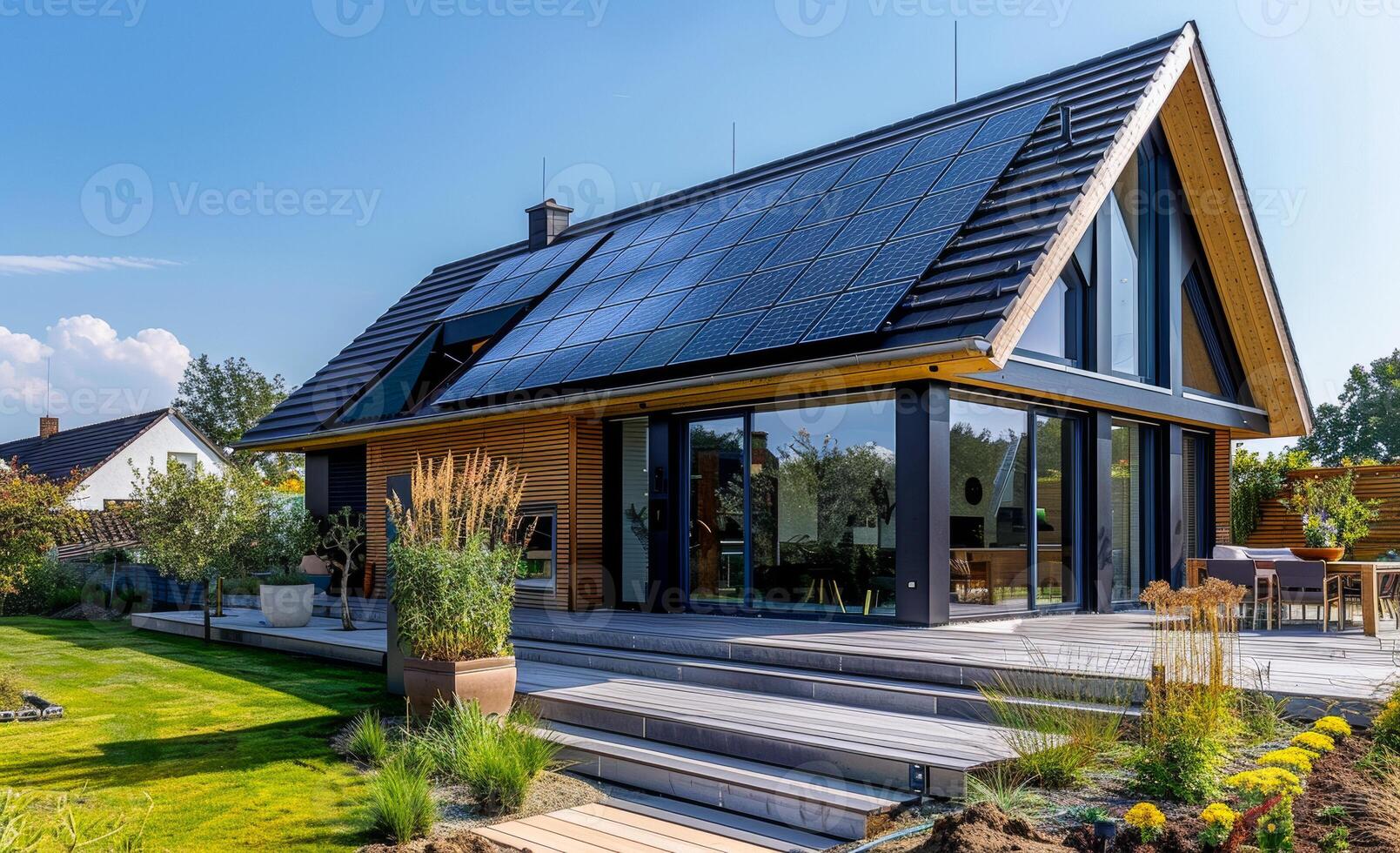 A large house with a lot of windows and a solar panel on the roof photo