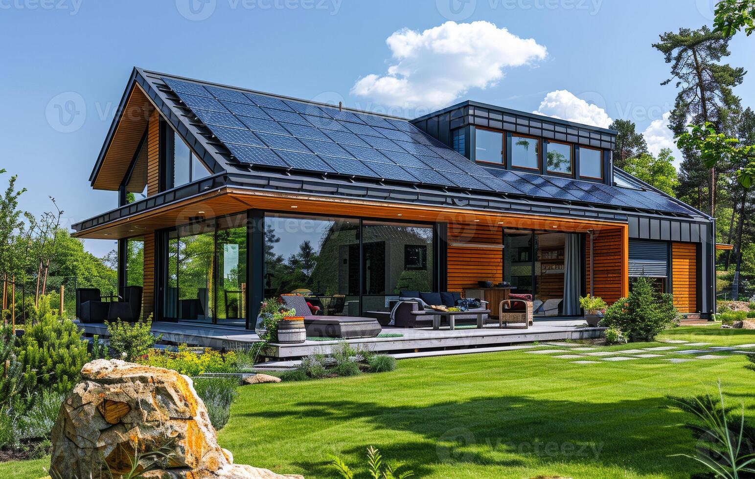 A large house with a green roof and a lot of windows. The house is surrounded by a lush green lawn and a rock photo