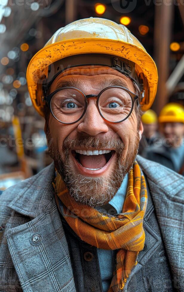 A man with a yellow scarf and a hard hat is smiling. He is wearing glasses and has a beard photo
