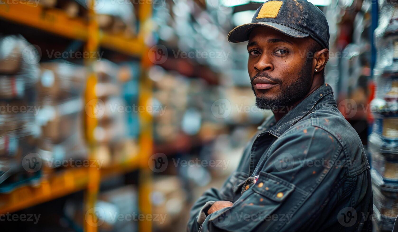 A man wearing a blue jacket and a hat stands in front of a row of shelves. He is looking at the camera with a serious expression photo