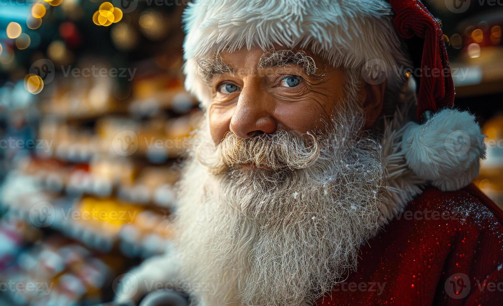 A man with a beard and mustache wearing a red Santa hat and a white hat. He is smiling and looking at the camera photo