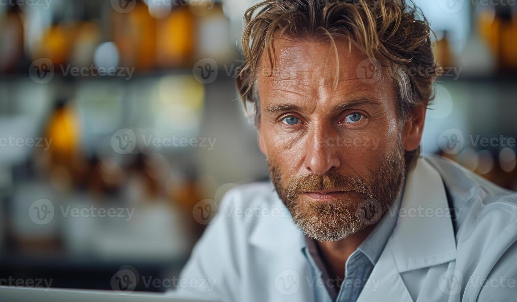 A man with a beard and glasses is standing in front of a shelf with bottles photo