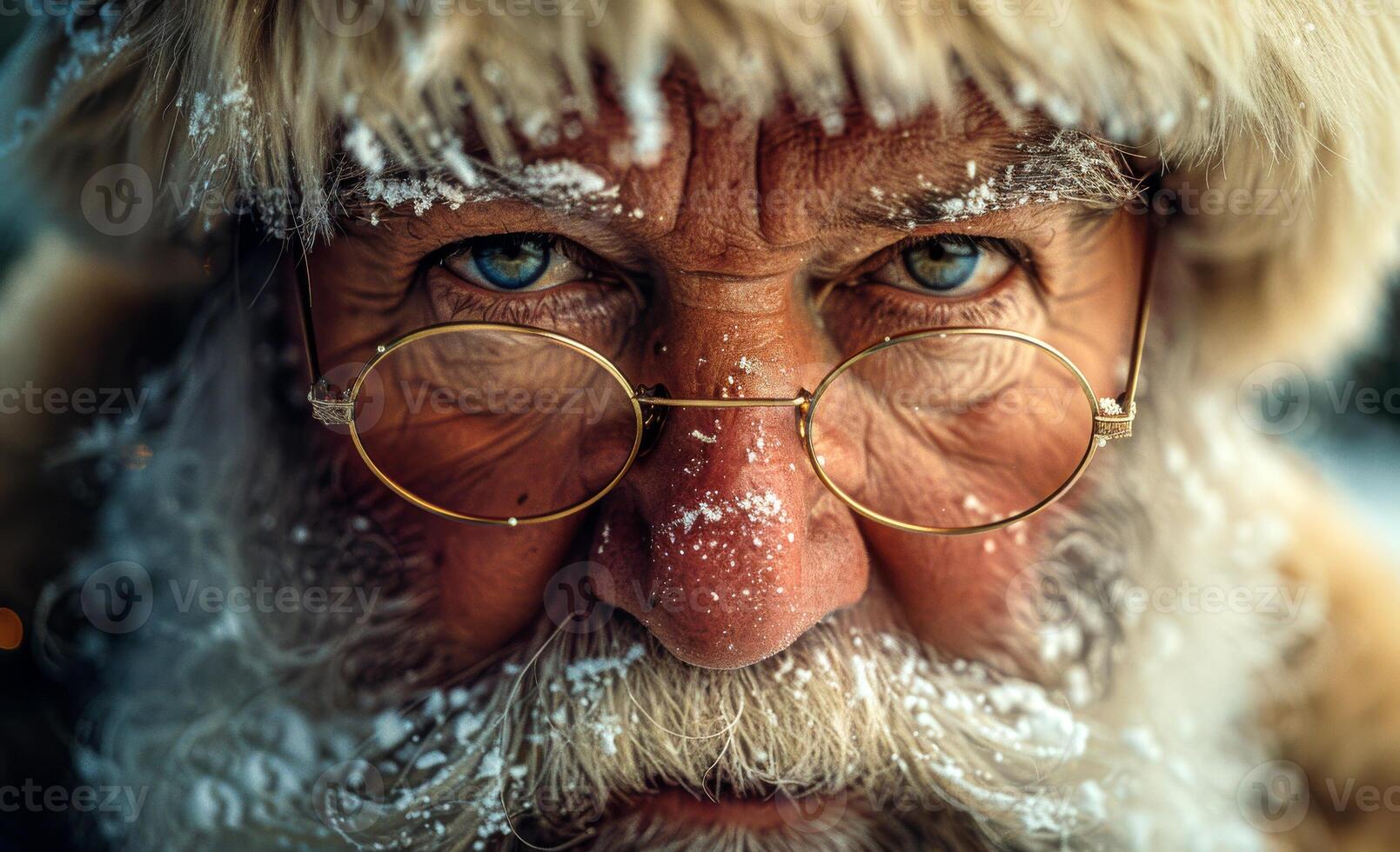 A man with a beard and glasses is wearing a Santa hat and appears to be angry photo