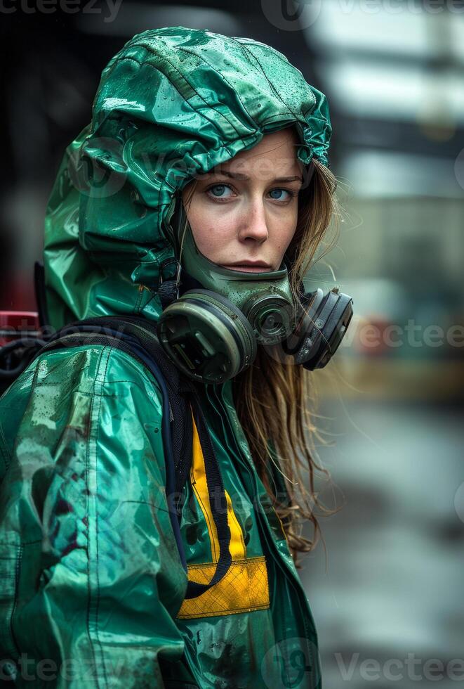 A woman in a green and yellow raincoat with a yellow stripe on the back photo
