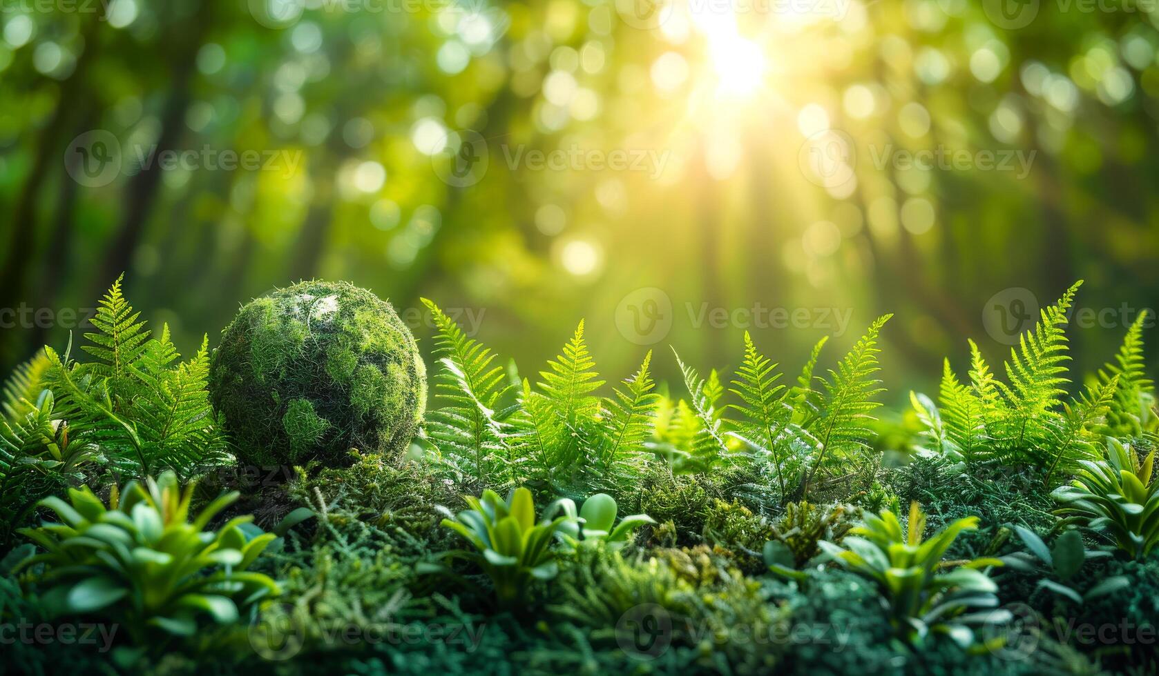 A small ball of moss sits in a lush green field. The moss ball is surrounded by a variety of plants, including ferns and grasses. photo