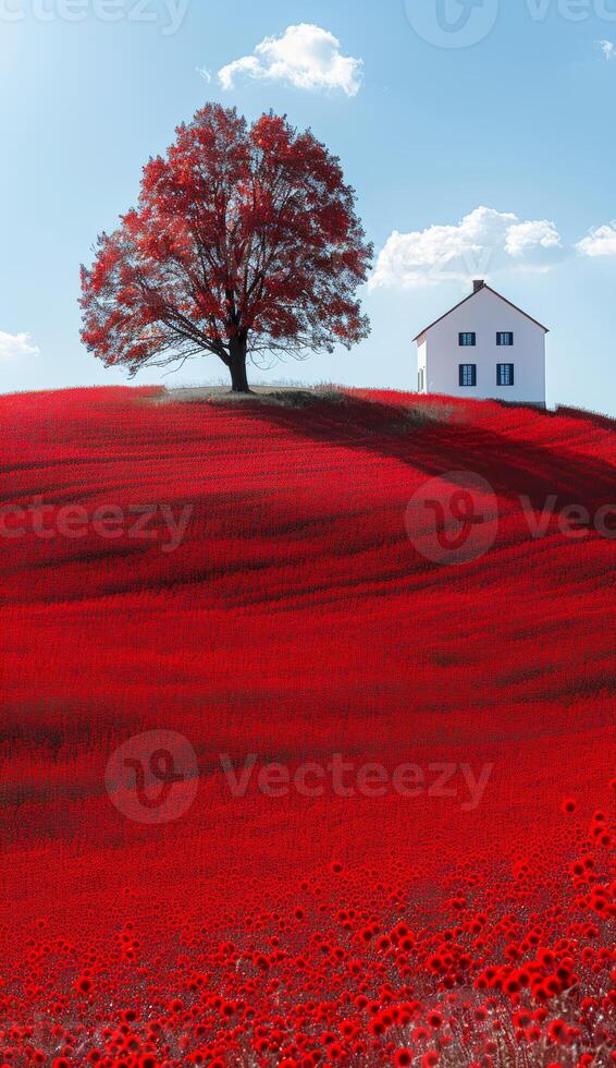 A red field with a white house in the middle photo