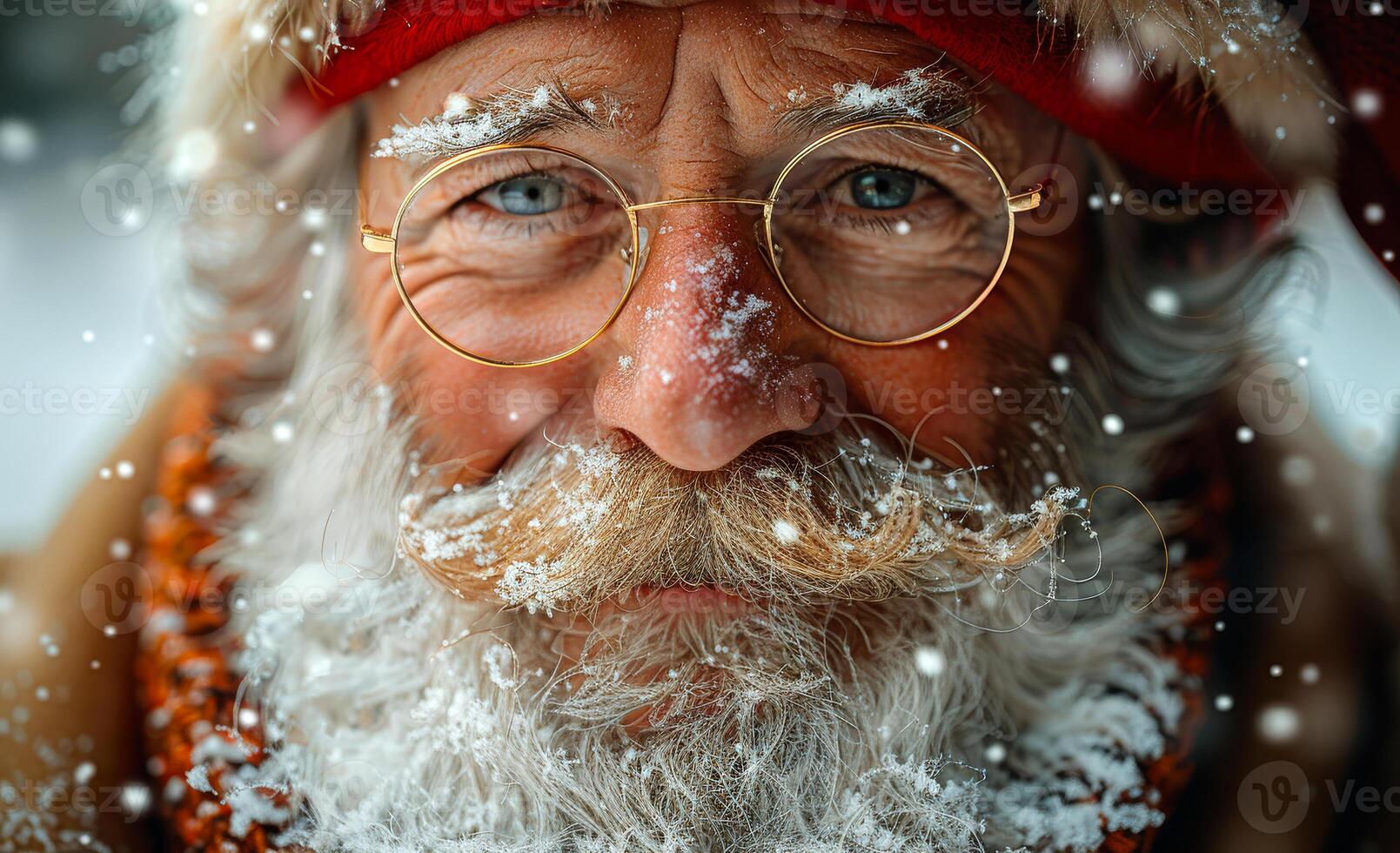 A smiling Santa Claus with a red hat and white beard. He is wearing glasses and has a beard that is covered in snow photo