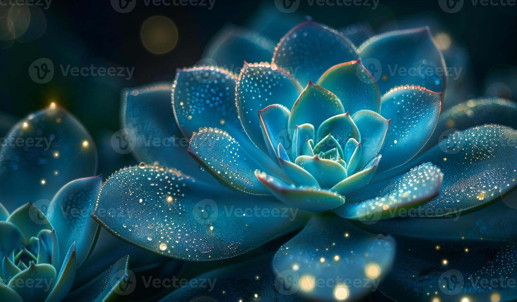A blue flower with a lot of water droplets on it. The droplets are shining in the dark photo