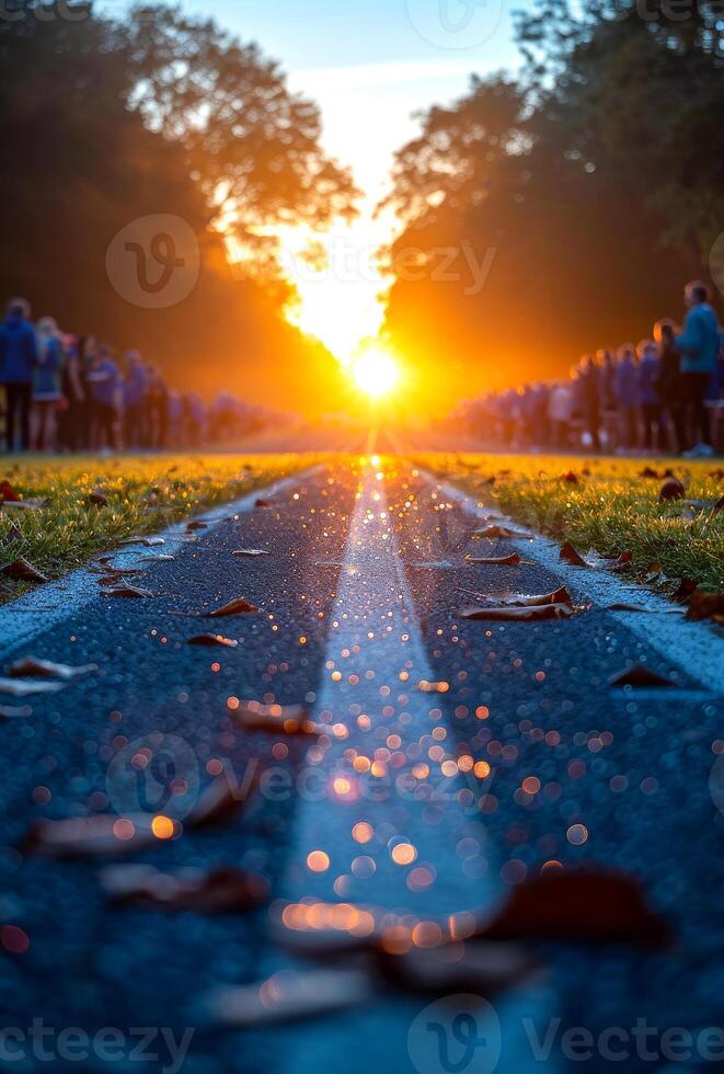 A group of people are walking down a road with a sun in the background photo