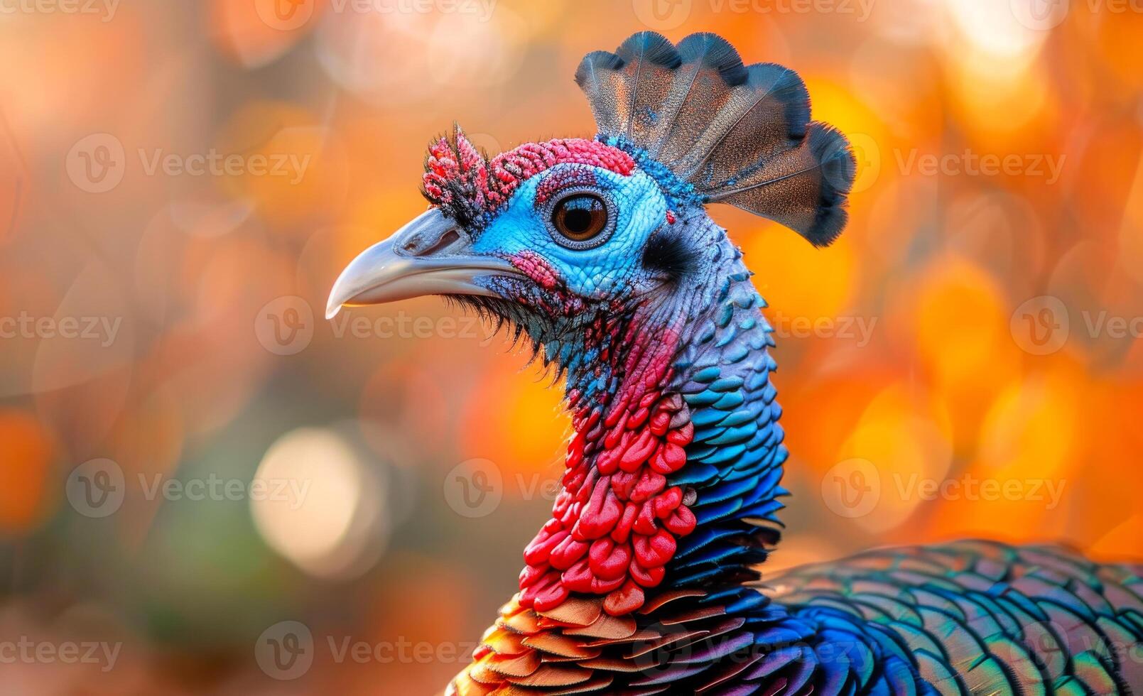 A colorful turkey with a red beak and blue feathers. The turkey is standing in front of a tree with orange leaves photo