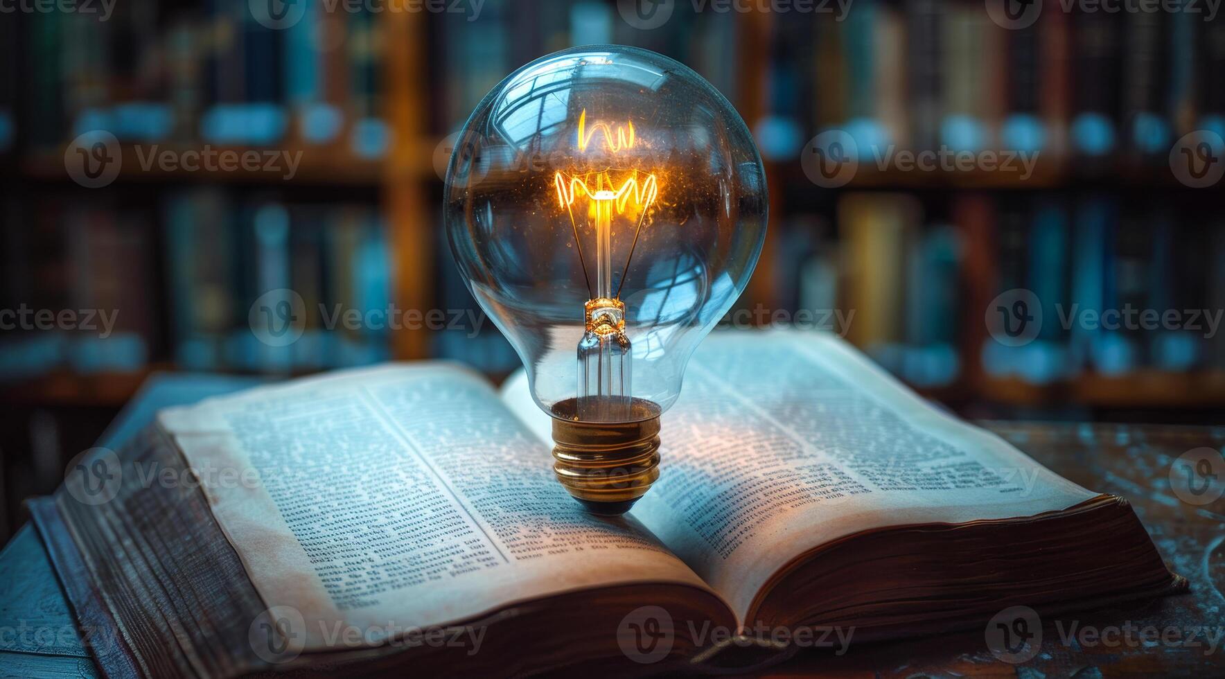 A light bulb is sitting on top of an open book photo