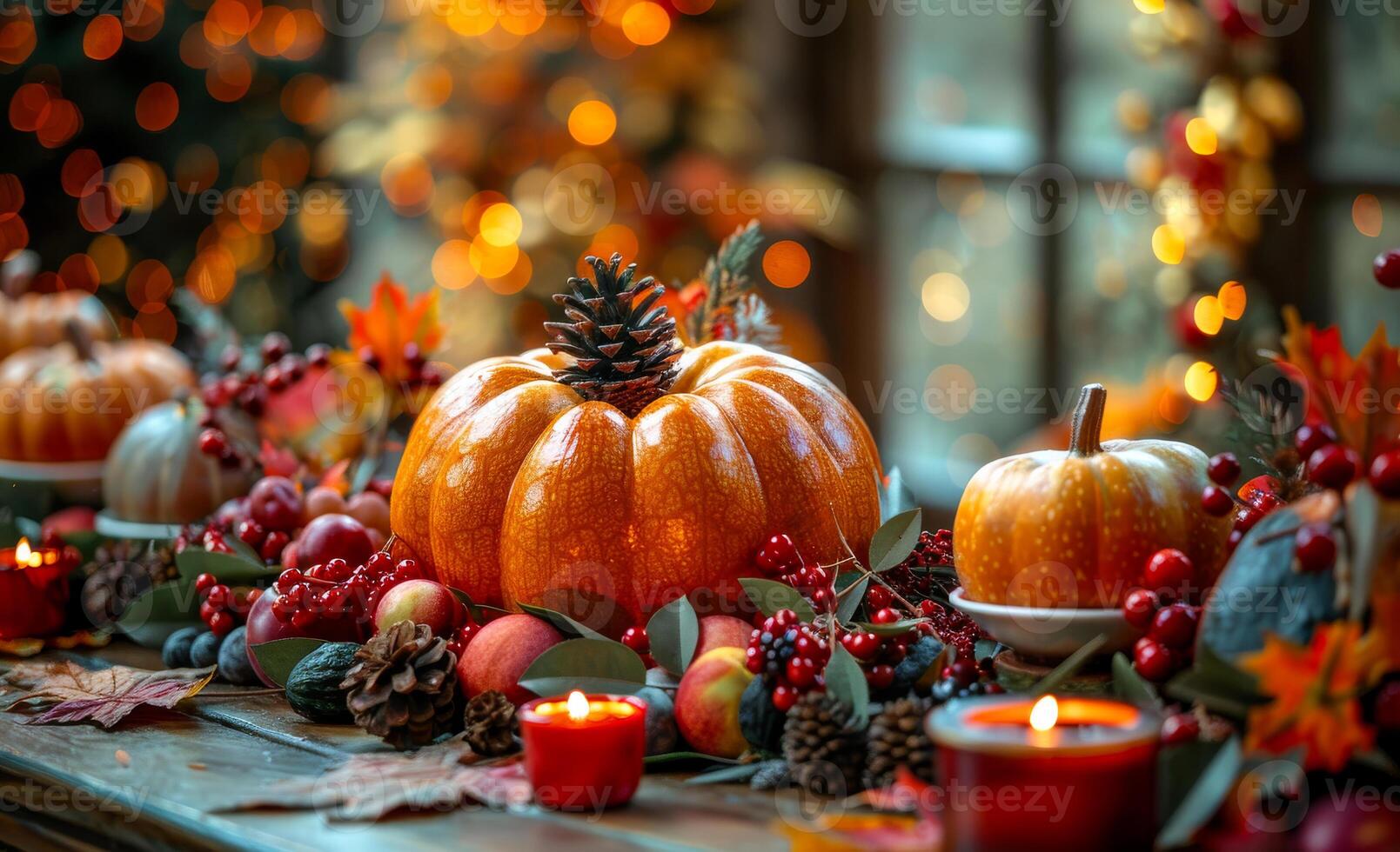 A table is decorated with a variety of fall fruits and vegetables, including apples, pumpkins, and berries. photo