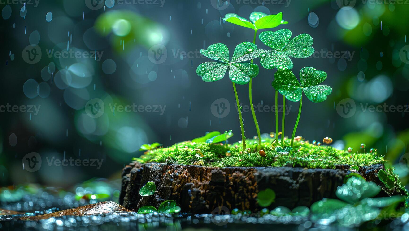 A small group of green plants are growing on a log photo
