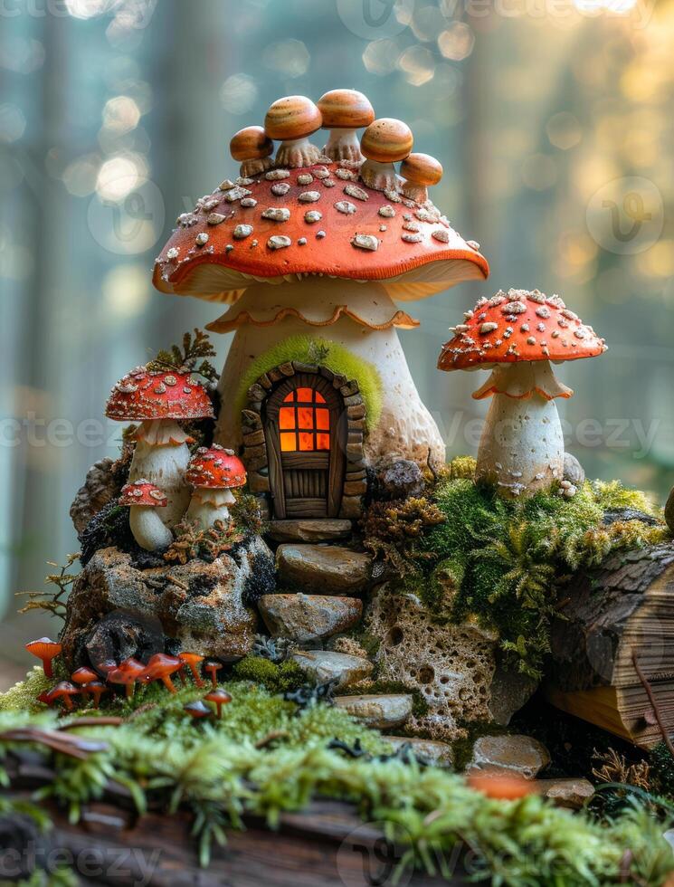 A small house made of mushrooms sits on a mossy log photo