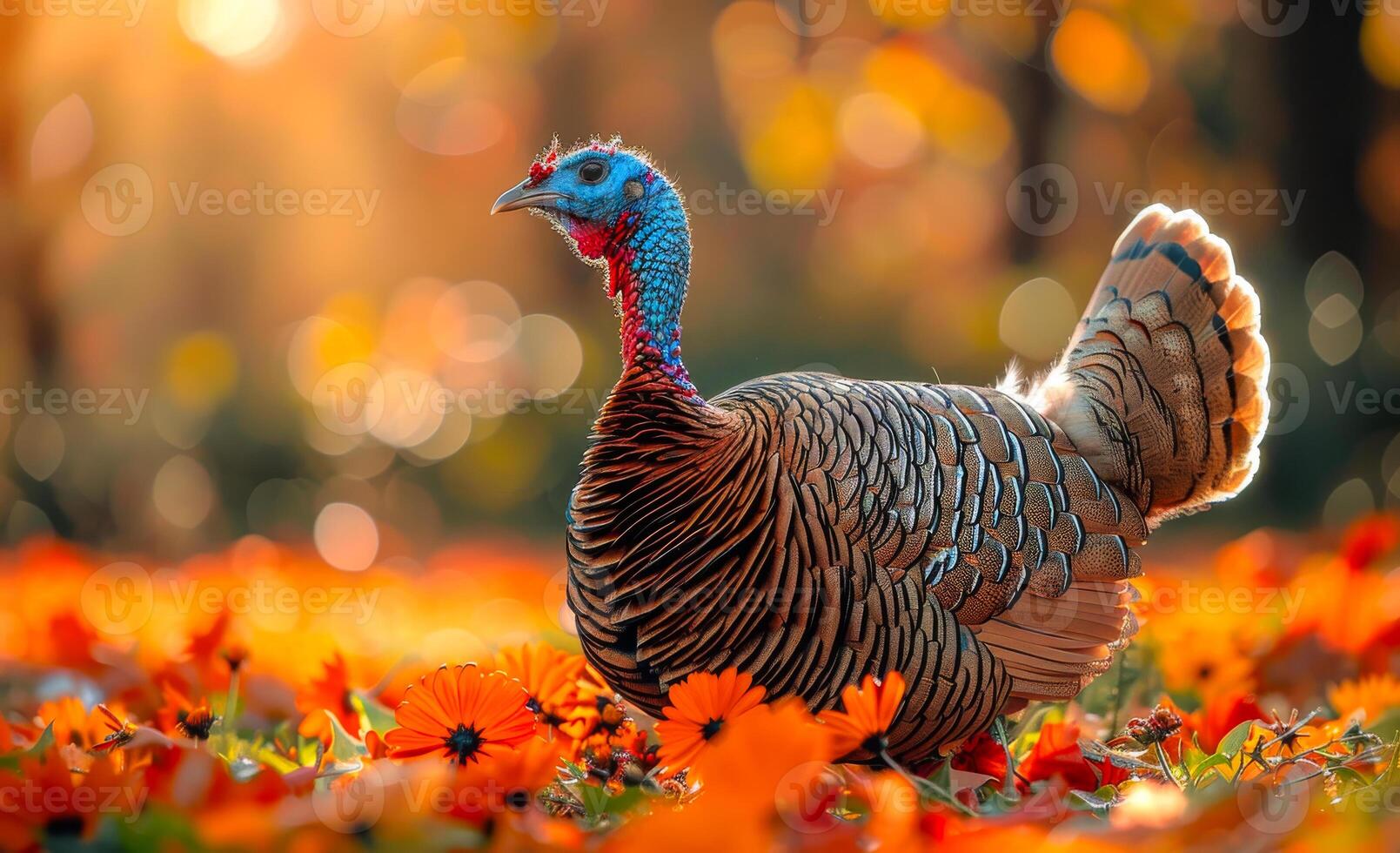 A turkey is standing in a field of orange leaves. The turkey is brown and has a red head. photo