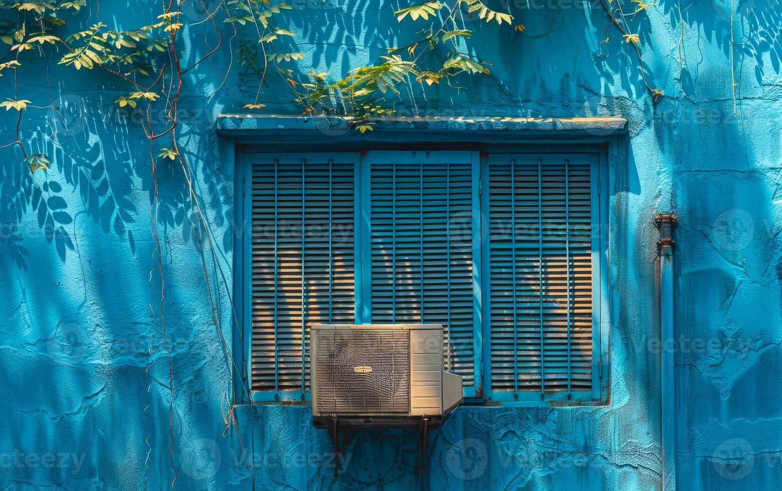 A blue building with a window that has a window air conditioner photo