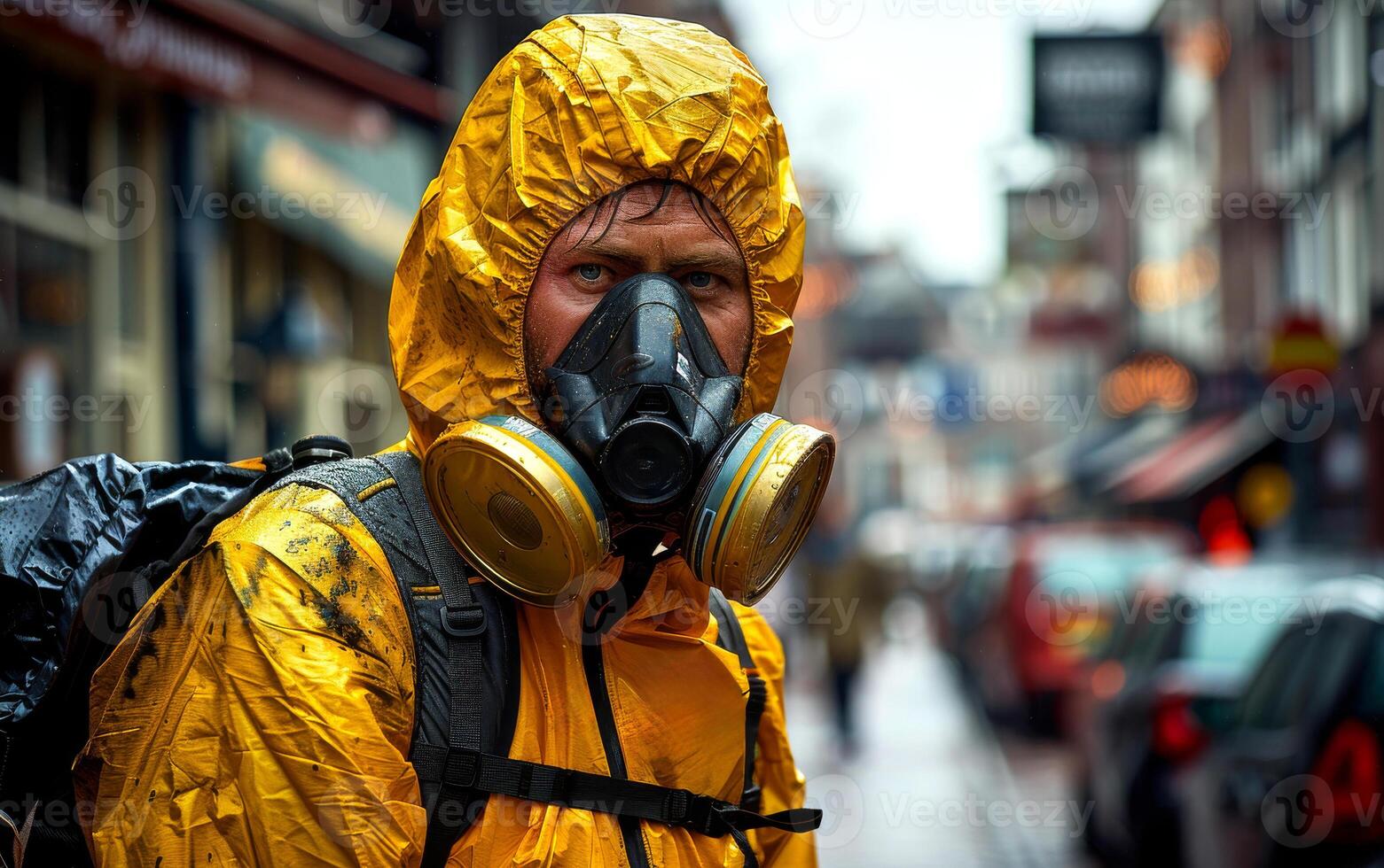 A man in a yellow hazmat suit is standing in the rain photo