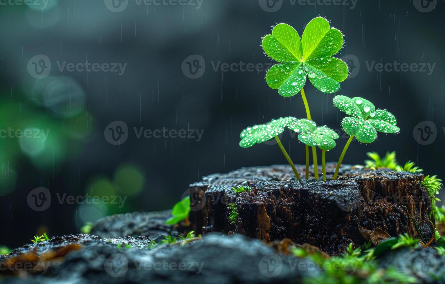 A small green clover plant is growing on a log. The rain has made the leaves glisten and the plant looks fresh and new photo