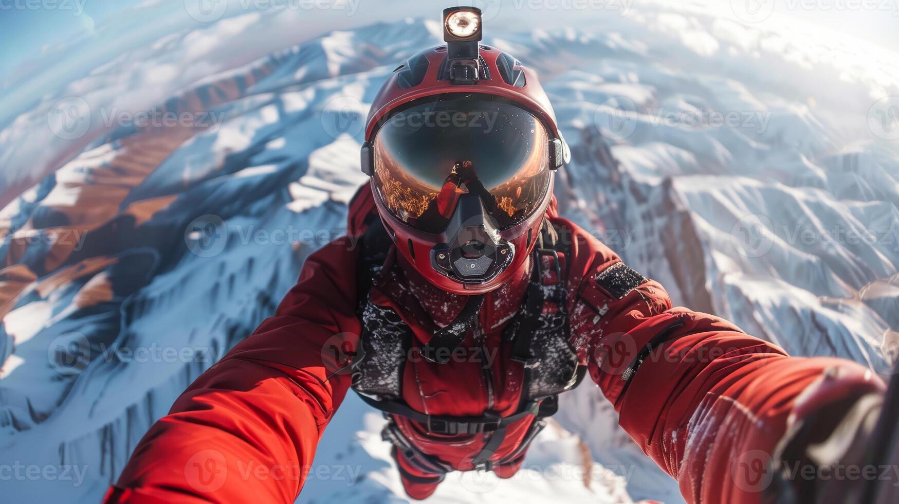 A man in a red suit is taking a selfie from the top of a mountain photo