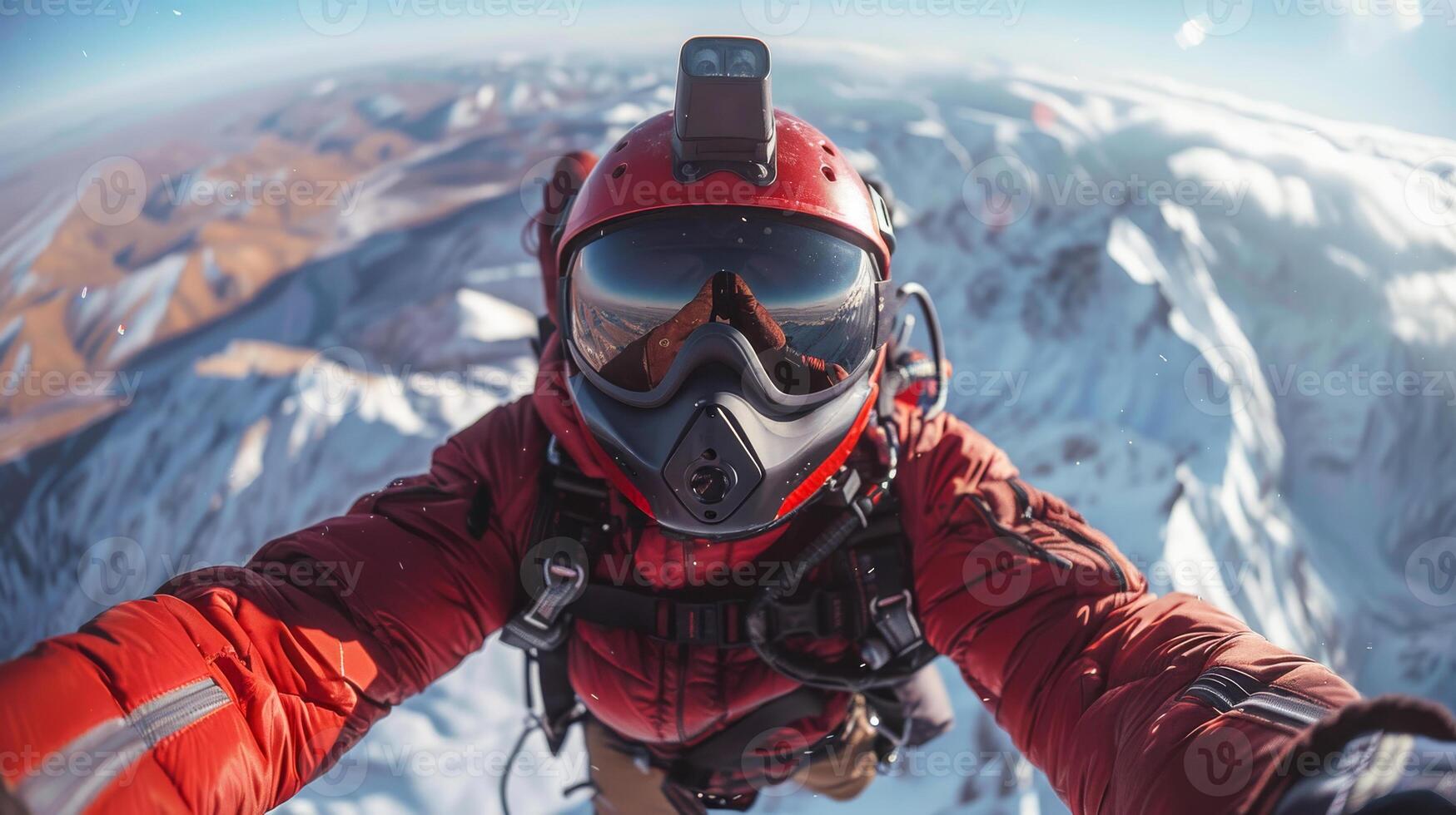 A man in a red jacket and goggles is taking a selfie from the top of a mountain photo