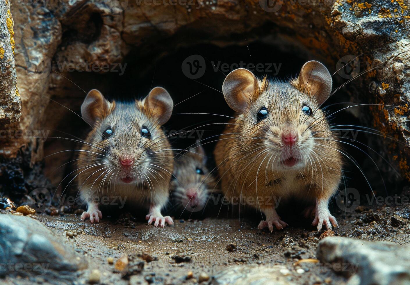 Three mice are standing in a hole. They are looking at the camera. Scene is curious and playful photo