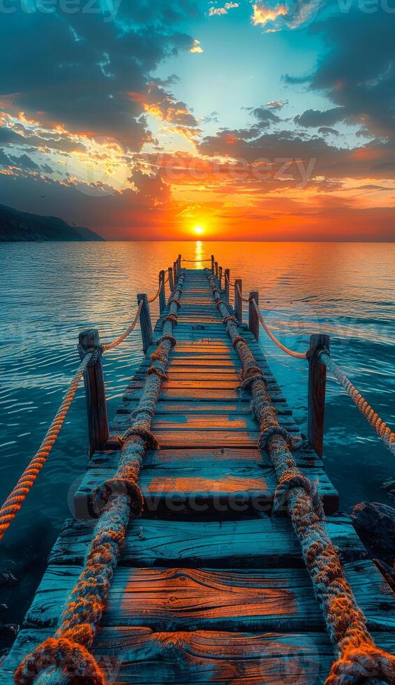A wooden bridge spans a body of water, with the sun setting in the background photo