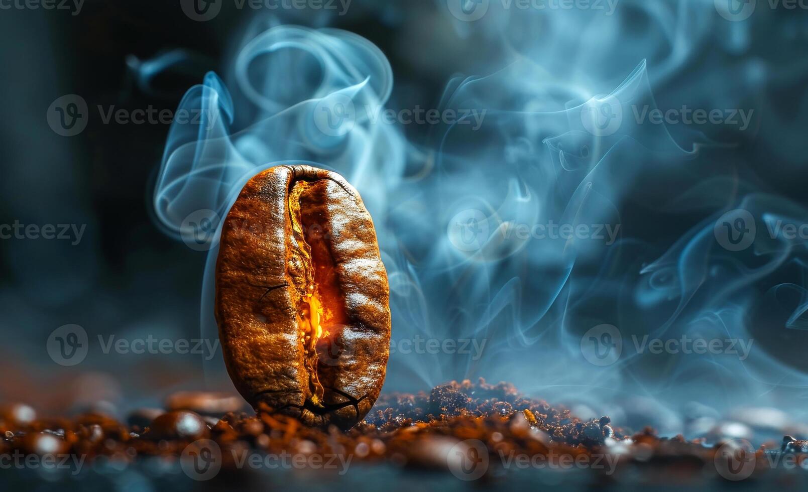 Coffee bean glowing with smoke against a dark background. A single coffee bean emits a warm glow surrounded by swirling smoke photo