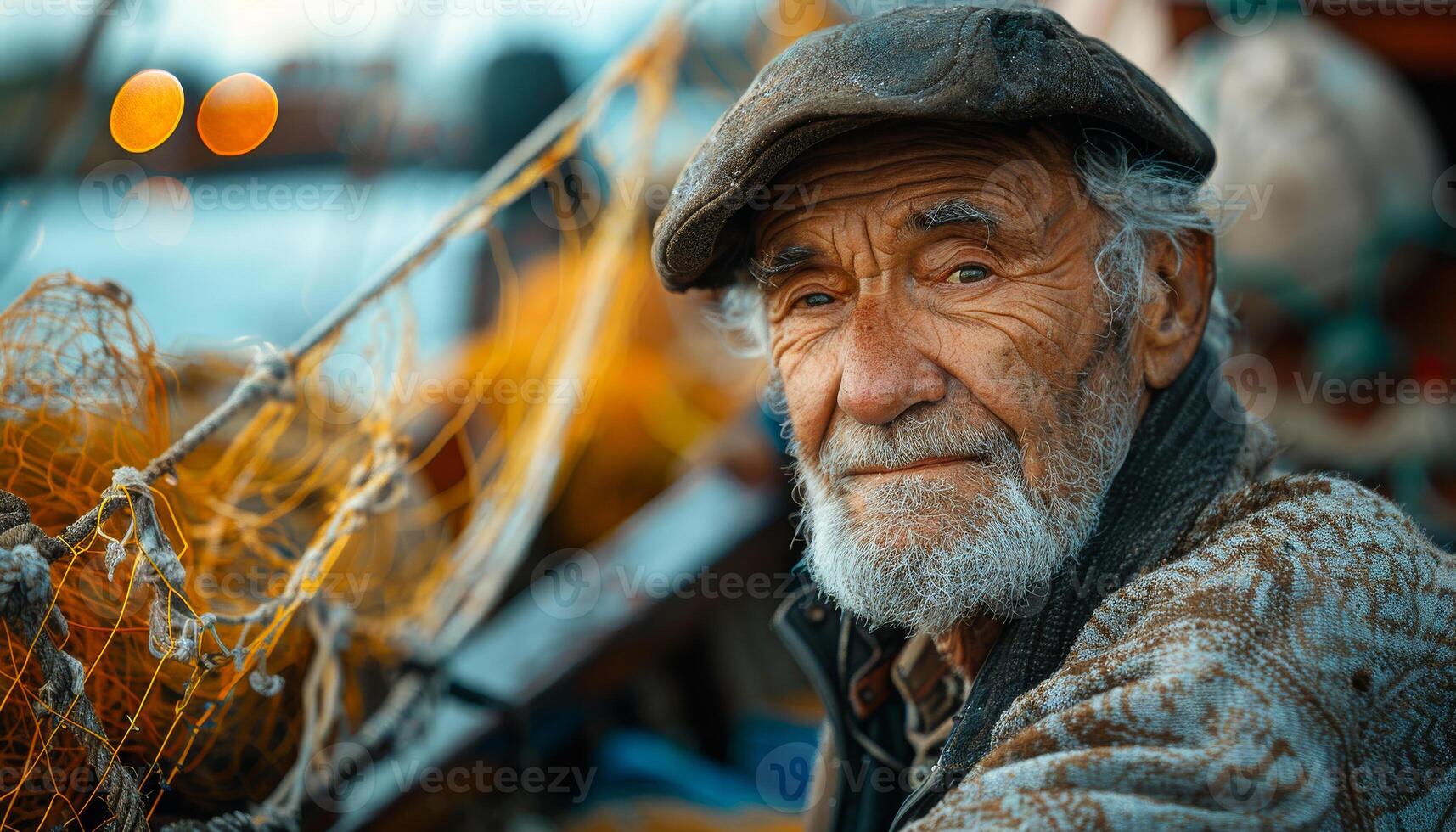 Elderly man with a weathered face on a fishing boat during sunset. photo