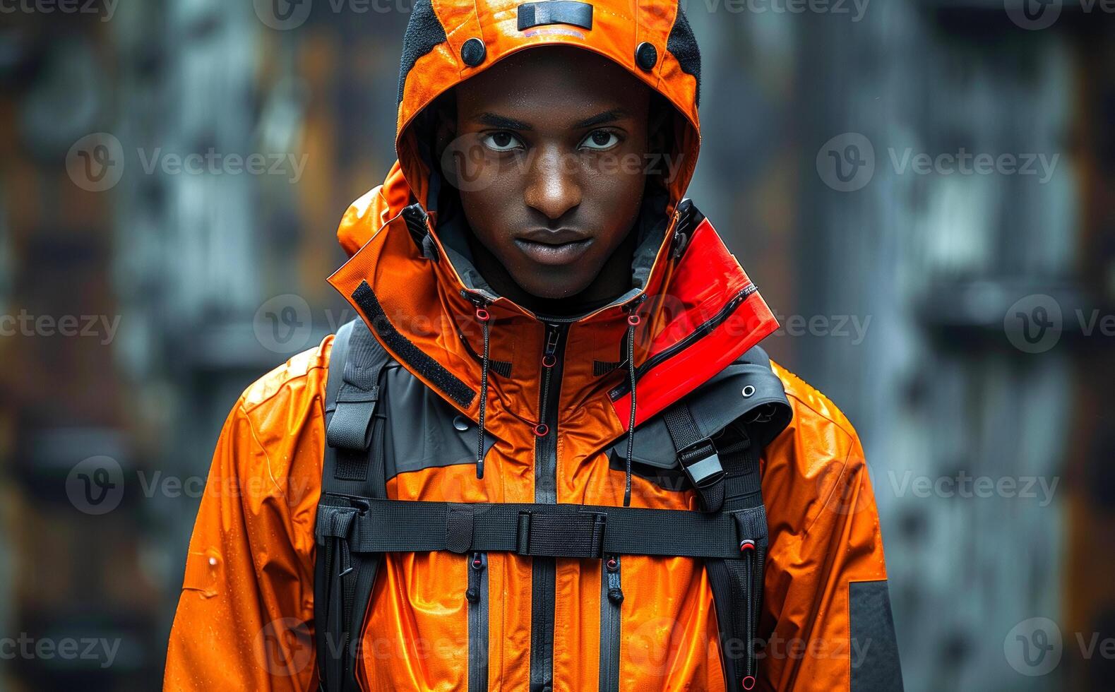 Young person in an orange jacket against an industrial backdrop. photo