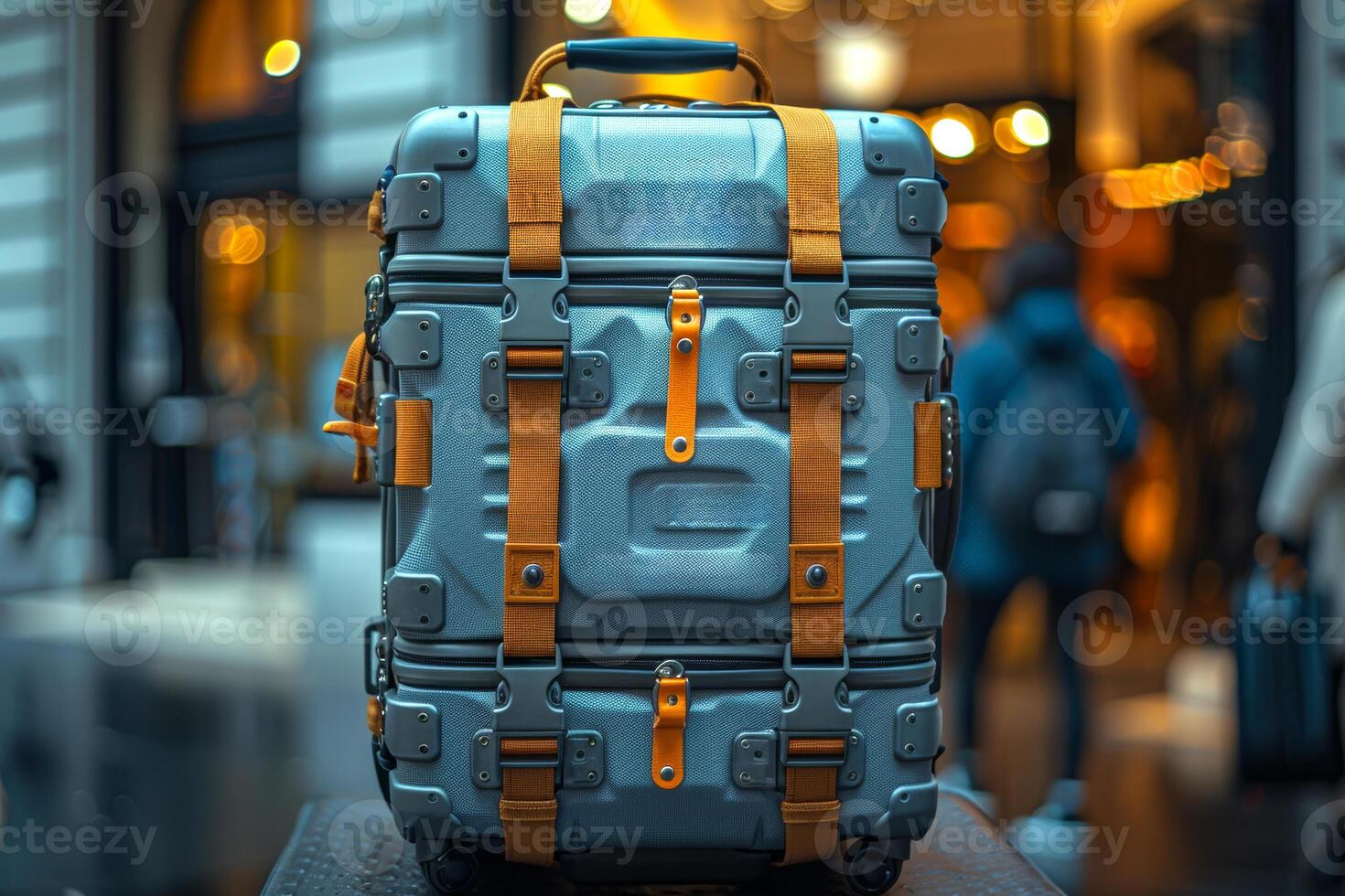 Stylish suitcase displayed in a bustling urban shopping area at night. photo