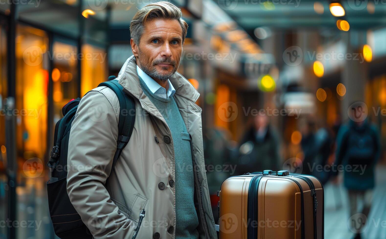 Man standing at an airport terminal with luggage in a busy setting. photo
